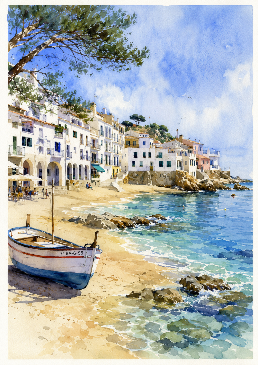 Gaudeix de l´estiu: Marina de Calella de Palafrugell Pueblo costero con casas blancas, barco en la playa y agua azul brillante.